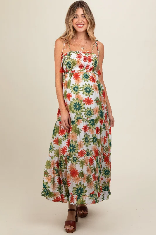 Women's floral dress quirk bloom -Green Floral Smocked Shoulder Tie Maternity Maxi Dress