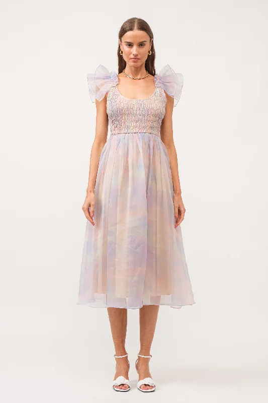 Women's midi dress gather flair -Multicolor Pastel Smocked Flutter Midi Dress