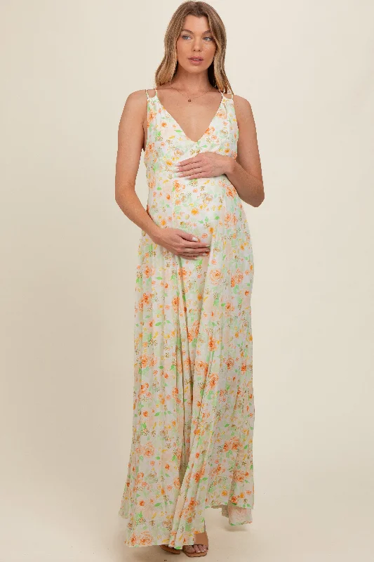 Women's floral dress glint pop -Peach Floral Crisscross Back Maternity Maxi Dress