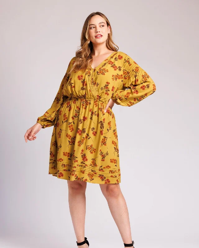 ladies-floral-dress-belted-bloom-Catherine Long Sleeve Floral Dress | o314 YELLOW