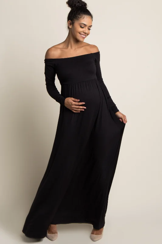 Women's floral dress fine flair -PinkBlush Petite Black Solid Off Shoulder Maternity Maxi Dress