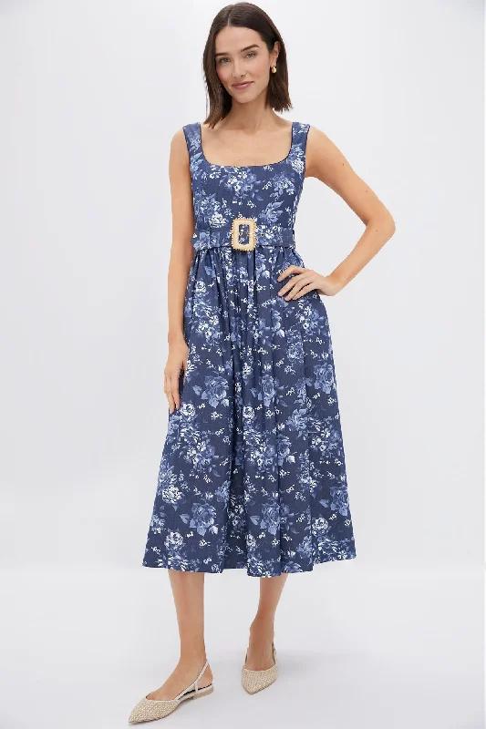 ladies-floral-dress-rose-ripple-Floral Navy Mackenzie Denim Twill Dress