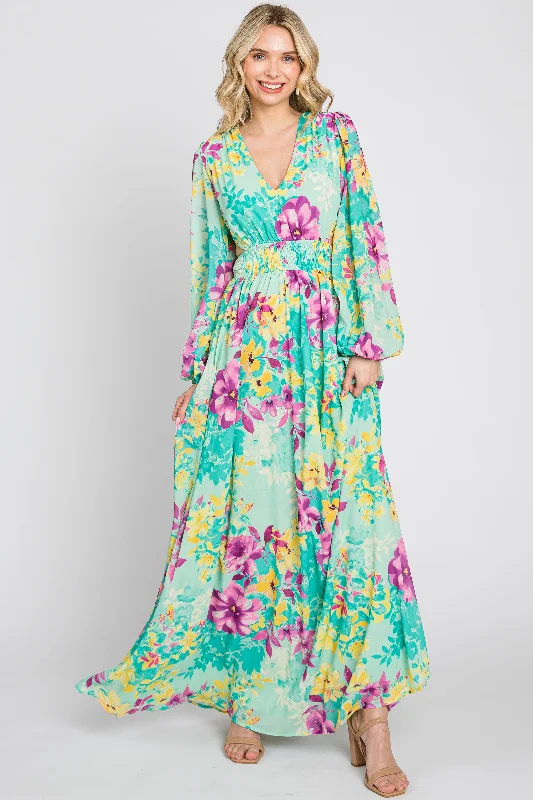 Women's floral dress wink pop -Turquoise Floral Side Cutout Maxi Dress