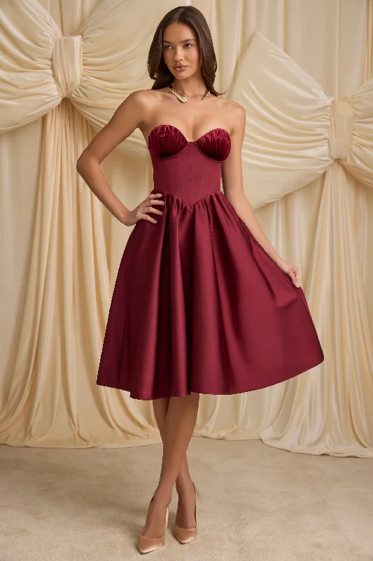 Women's midi dress dusk flair -Strapless Corset Midi Dress in Wine Red