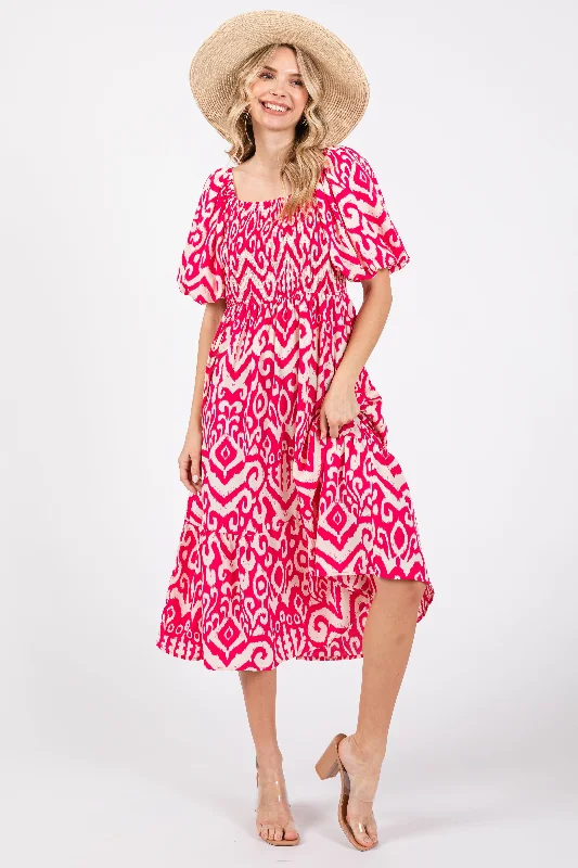 Women's midi dress spin glow -Fuchsia Square Neck Smocked Ruffle Midi Dress