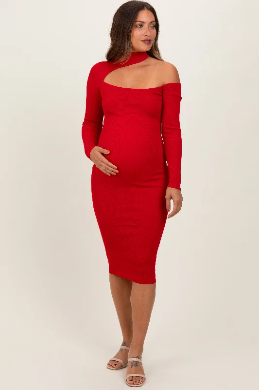 Women's midi dress rise glow -Red Mock Neck Cutout Maternity Fitted Midi Dress