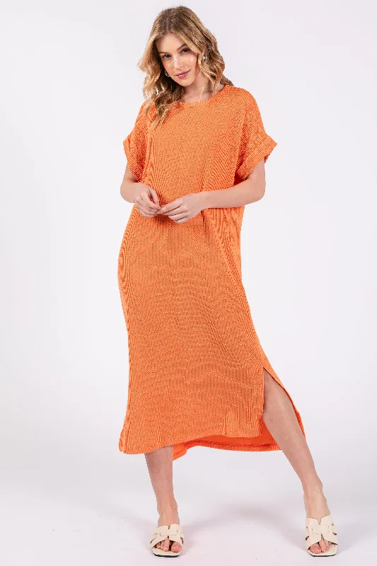 Women's midi dress hot flair -Orange Ribbed Short Sleeve Midi Dress