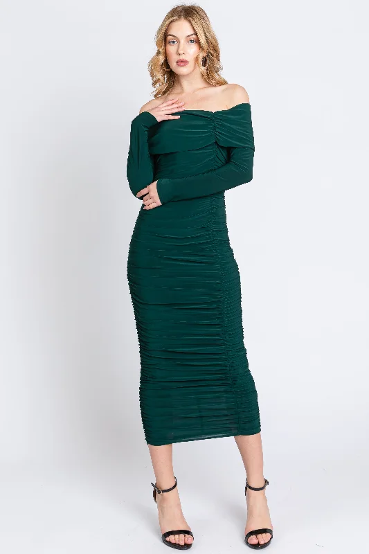 Women's midi dress wave flair -Forest Green Off Shoulder Mesh Ruched Midi Dress