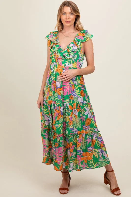 Women's floral dress airy glow -Green Ruffle V-Neck Tiered Maternity Maxi Dress