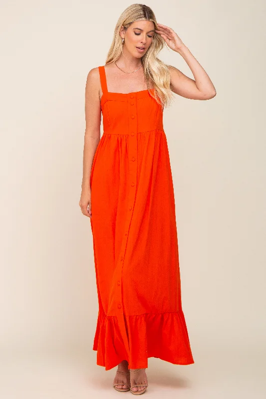 Women's floral dress thread glow -Red Orange Front Button Sleeveless Maxi Dress