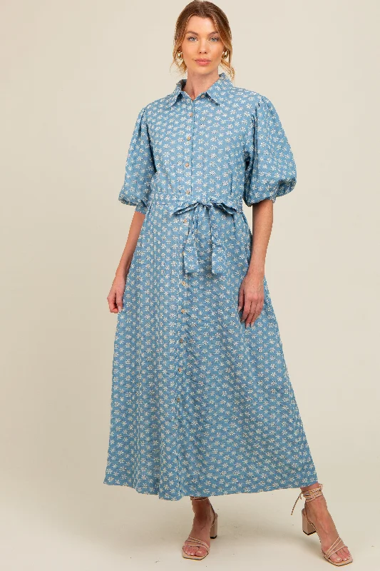 Women's floral dress hush glow -Blue Floral Embroidered Button Down Chambray Maternity Maxi Dress