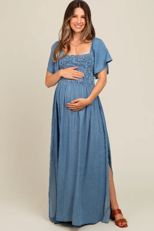 Women's floral dress cheer pop -Light Blue Chambray Smocked Maternity Maxi Dress