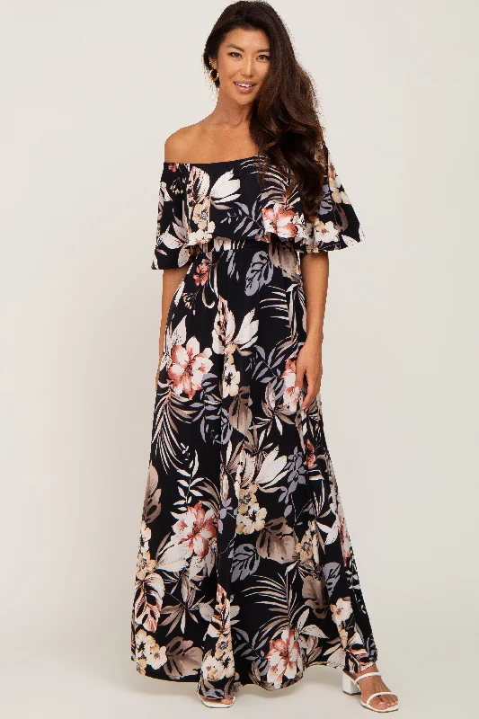 Women's floral dress chat flair -Black Floral Flounce Off Shoulder Maxi Dress