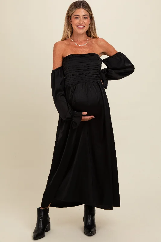 Women's floral dress curve pop -Black Off Shoulder Satin Pleated Bodice Maternity Maxi Dress