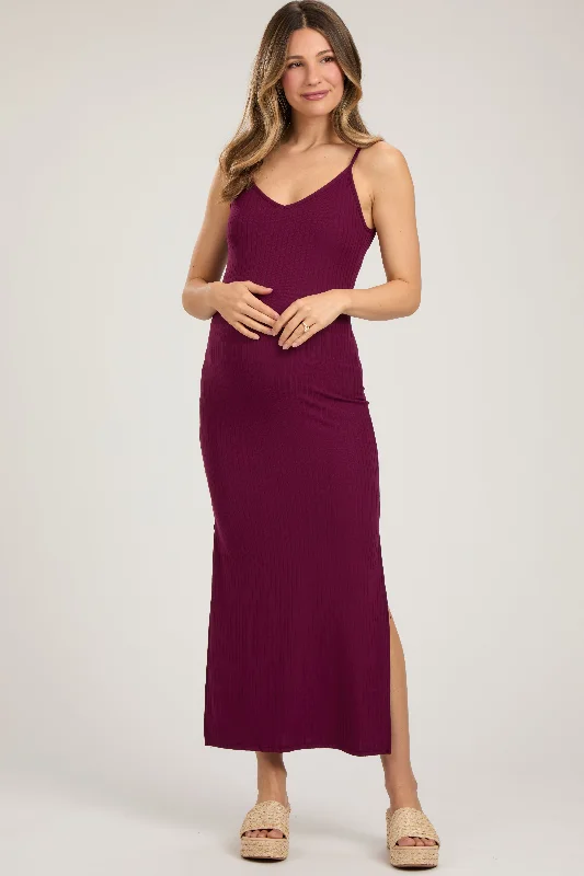 Women's floral dress year chic -Burgundy Ribbed Side Slit Maternity Maxi Dress