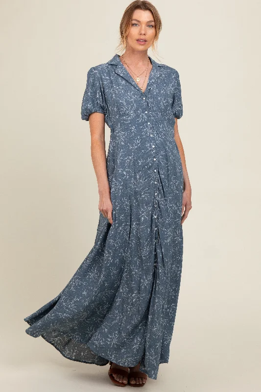 Women's floral dress shine pop -Blue Floral Button Down Maternity Maxi Dress