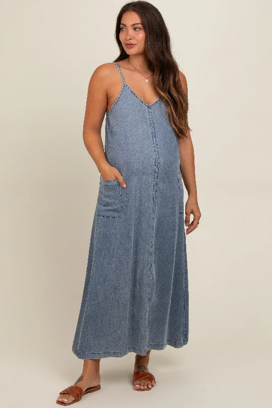 Women's floral dress plush chic -Blue Chambray Pocketed Maternity Maxi Dress