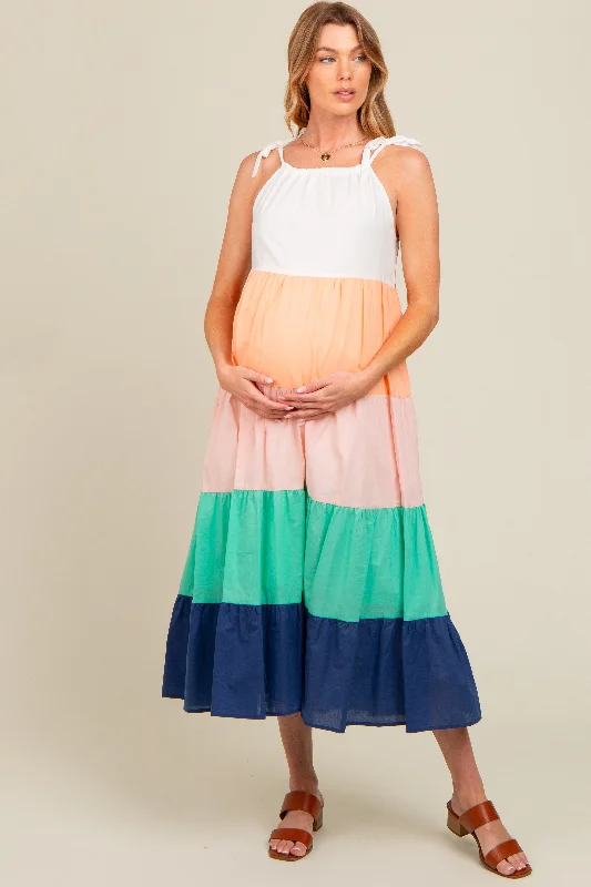 Women's midi dress open glow -Coral Colorblock Tiered Maternity Midi Dress