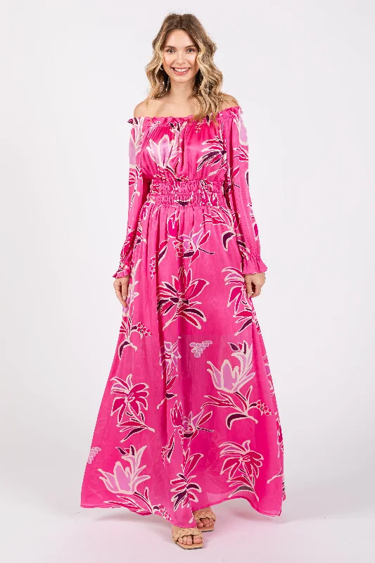 Women's floral dress perk glow -Fuchsia Floral Ruffle Neck Maxi Dress