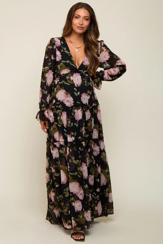 Women's floral dress wide bloom -Black Floral Chiffon V-Neck Lettuce Edge Tiered Maternity Maxi Dress