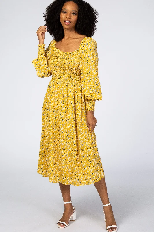 Women's midi dress mama flair -Yellow Floral Smocked Bubble Sleeve Midi Dress