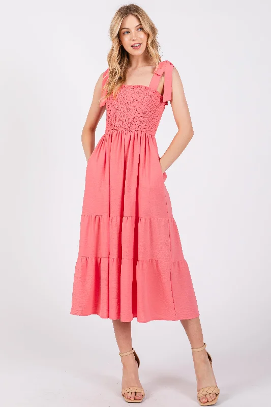 Women's midi dress eve pop -Salmon Smocked Tie Strap Tiered Midi Dress