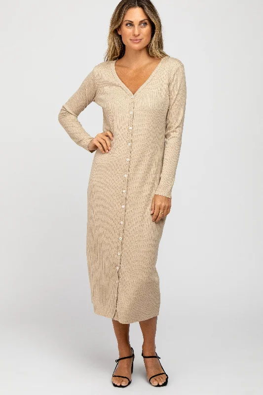 Women's midi dress chat chic -Beige Ribbed Button Front Midi Cardigan Dress