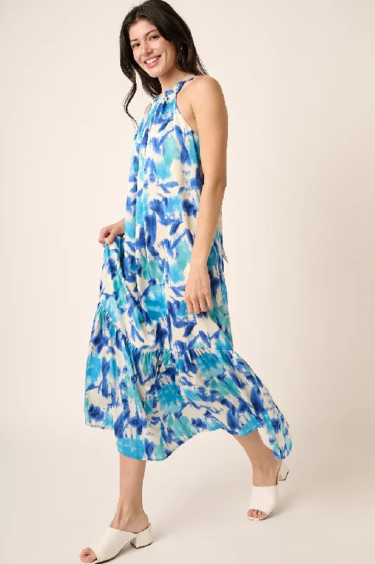 Women's midi dress wed glow -Blue Watercolor Print Satin Midi Dress