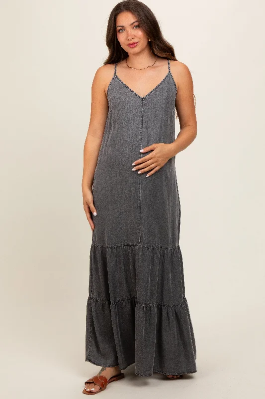 Women's floral dress path chic -Charcoal Chambray Ruffle Hem Maternity Maxi Dress