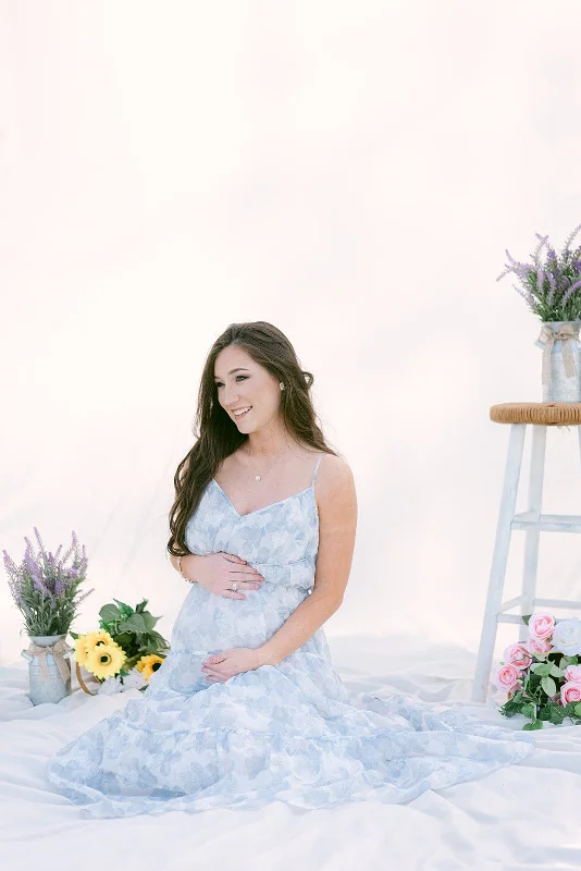 ladies-floral-dress-cowl-cool-White & Blue Floral Tiered Maxi Dress