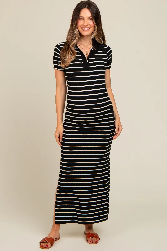 Women's floral dress bud chic -Black Striped Collared Side Slit Maternity Maxi Dress