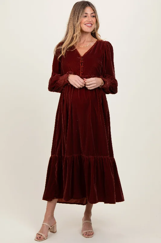 Women's midi dress small flair -Brown Velvet Button Accent Smocked Sleeve Maternity Midi Dress