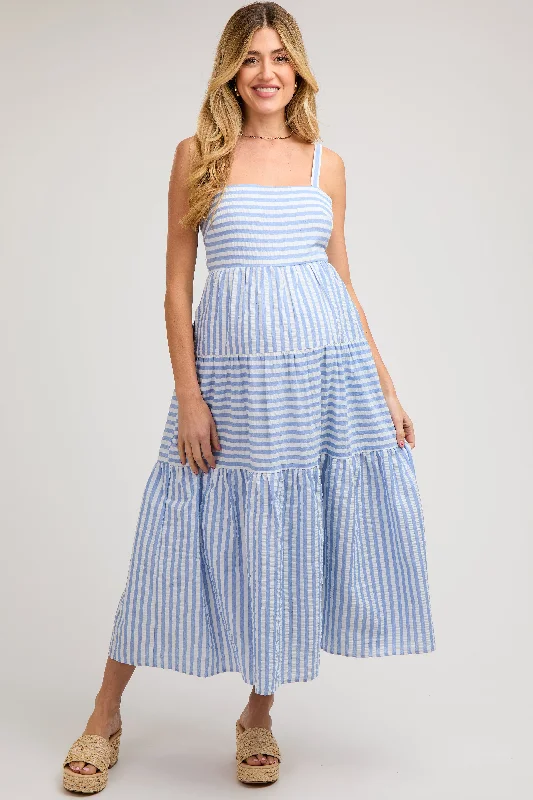 Women's floral dress bow pop -Blue Striped Sleeveless Tiered Maternity Maxi Dress