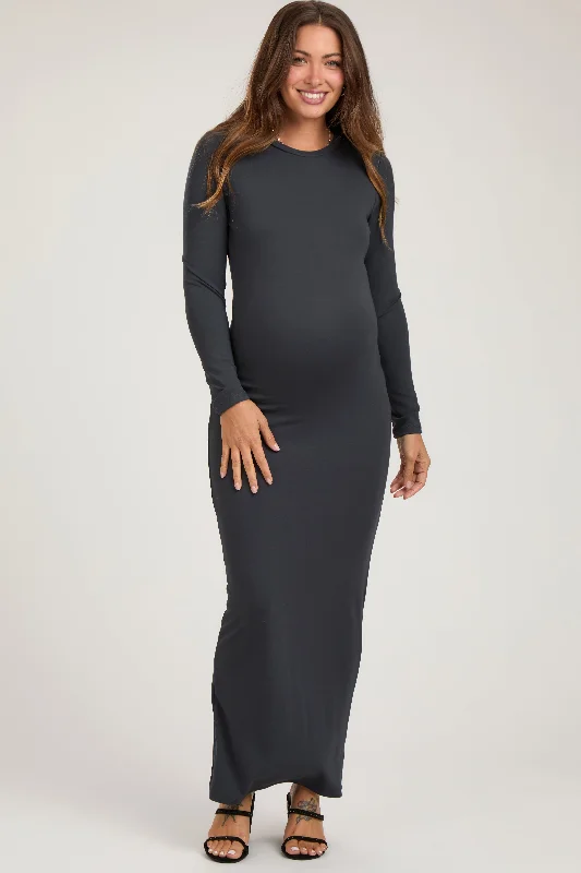 Women's floral dress clear flair -Charcoal Long Sleeve Fitted Maternity Maxi Dress