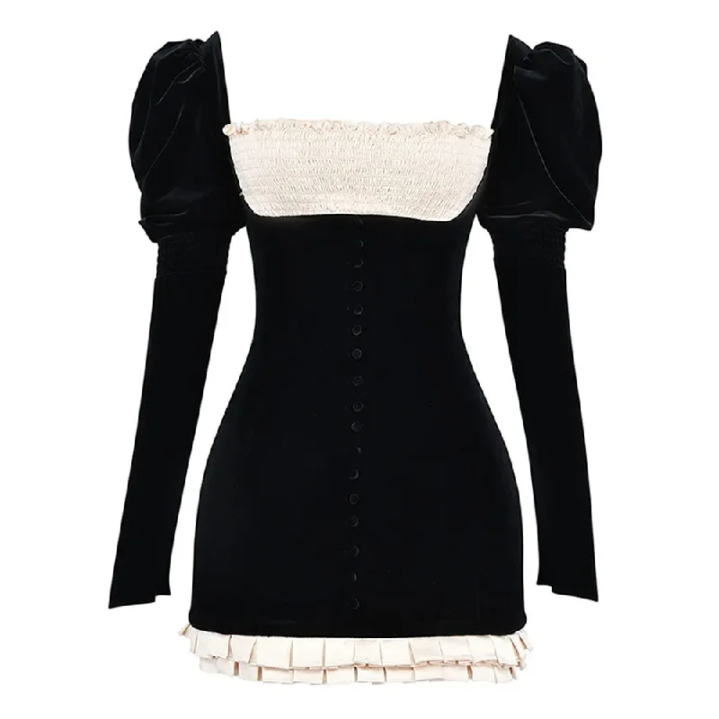 ladies-mini-dress-elastic-edge-French Maid Ruched Velvet Mini Dress