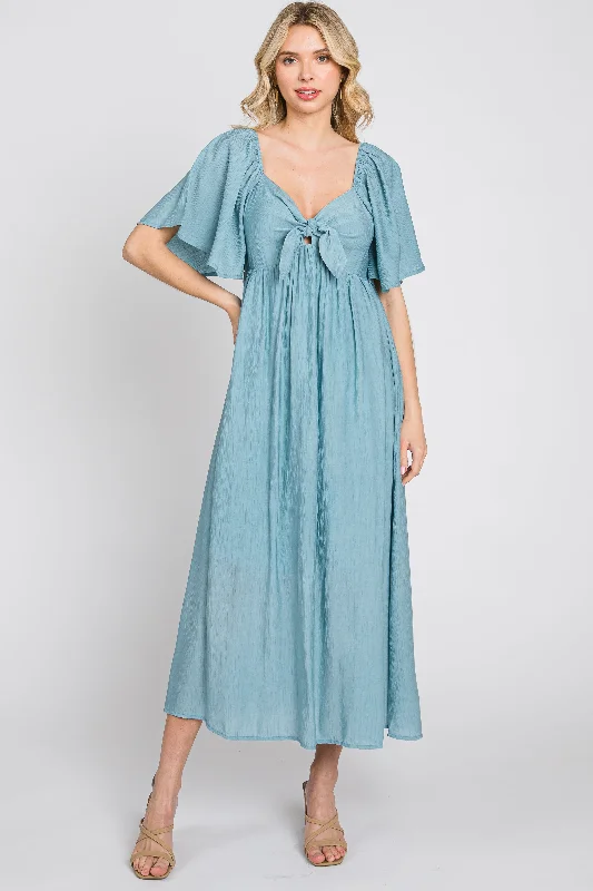 Women's midi dress rim flair -Blue Front Tie Ruffle Sleeve Midi Dress