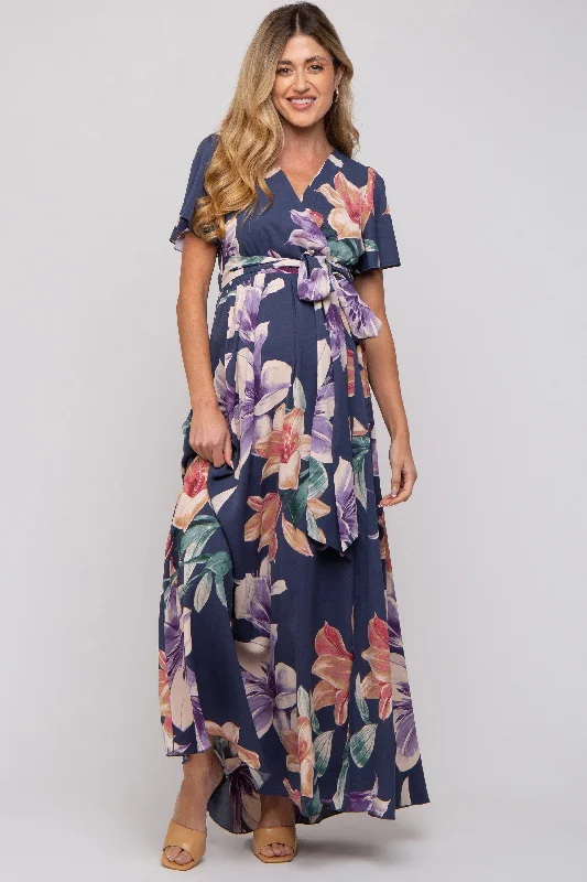 Women's floral dress keen pop -Navy Floral Wrap V-Neck Maternity Maxi Dress