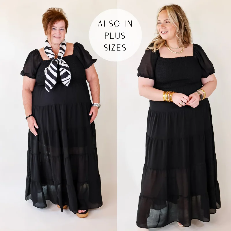 Women's floral dress bar flair -Honeysuckle Love Tiered Maxi Dress with Smocked Bodice in Black