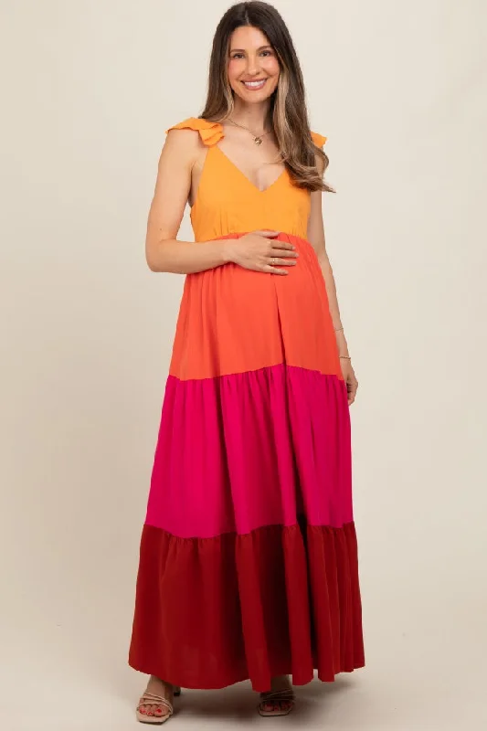 Women's floral dress kin chic -Orange Colorblock Tiered Ruffle Strap Maternity Maxi Dress