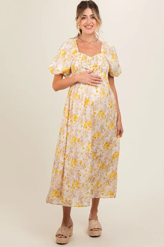 Women's midi dress ride glow -Yellow Floral Smocked Sweetheart Neck Short Puff Sleeve Maternity Midi Dress