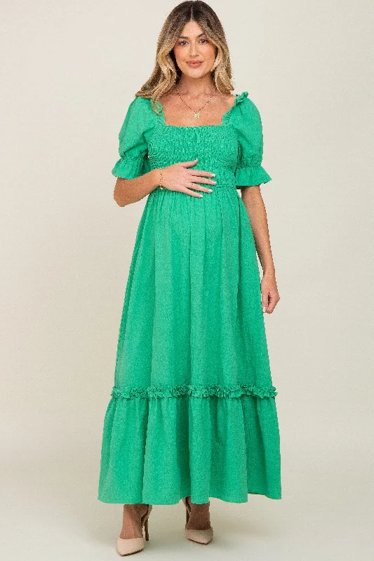 Women's floral dress rim glow -Green Puff Sleeve Ruffle Accent Maternity Maxi Dress