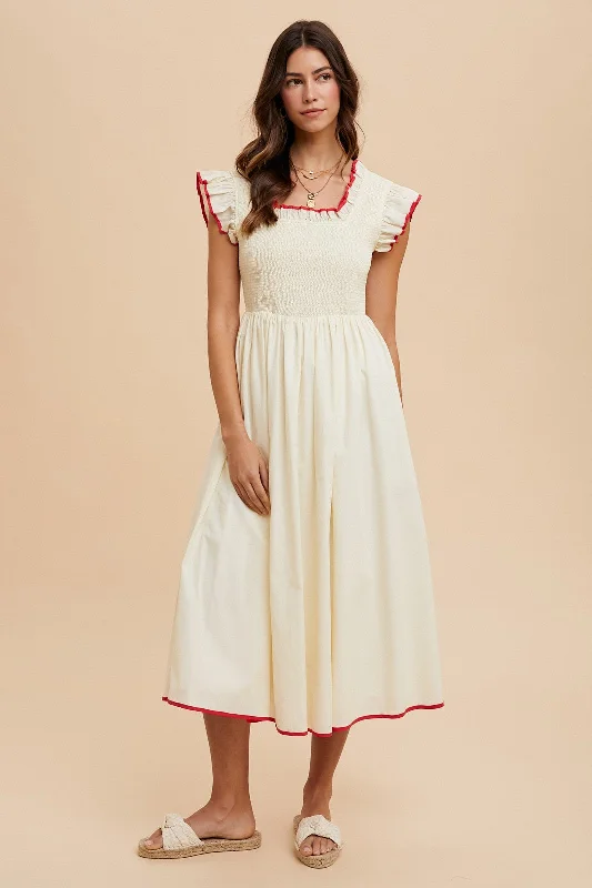 Women's midi dress fam chic -Cream Red Contrast Binding Detail Smocking Midi Dress