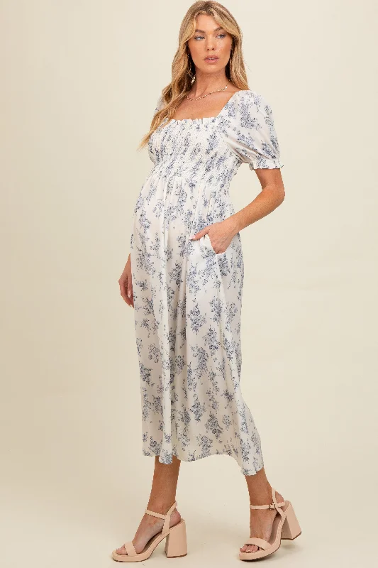 Women's midi dress craft flair -Ivory Floral Smocked Sweetheart Neckline Maternity Midi Dress