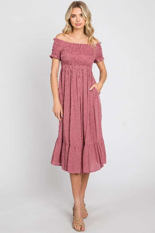 Women's midi dress hot flair -Mauve Off Shoulder Smocked Midi Dress