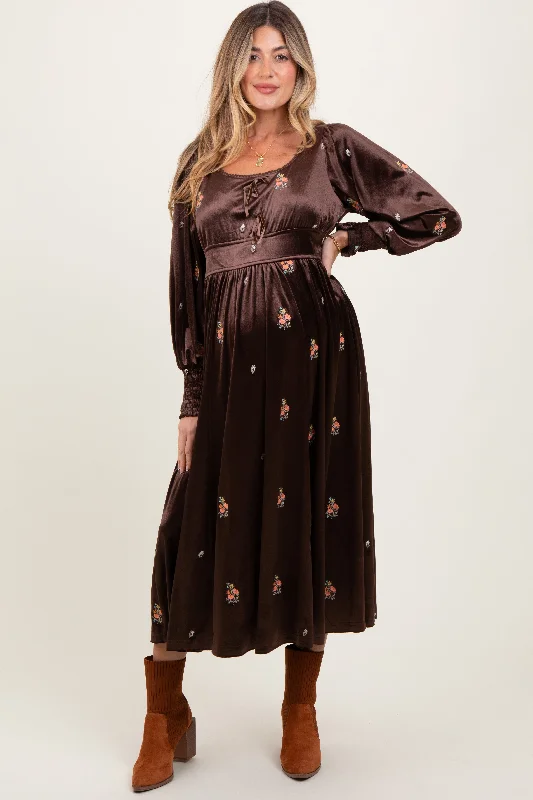 Women's midi dress calm chic -Brown Velvet Embroidered Floral Maternity Midi Dress