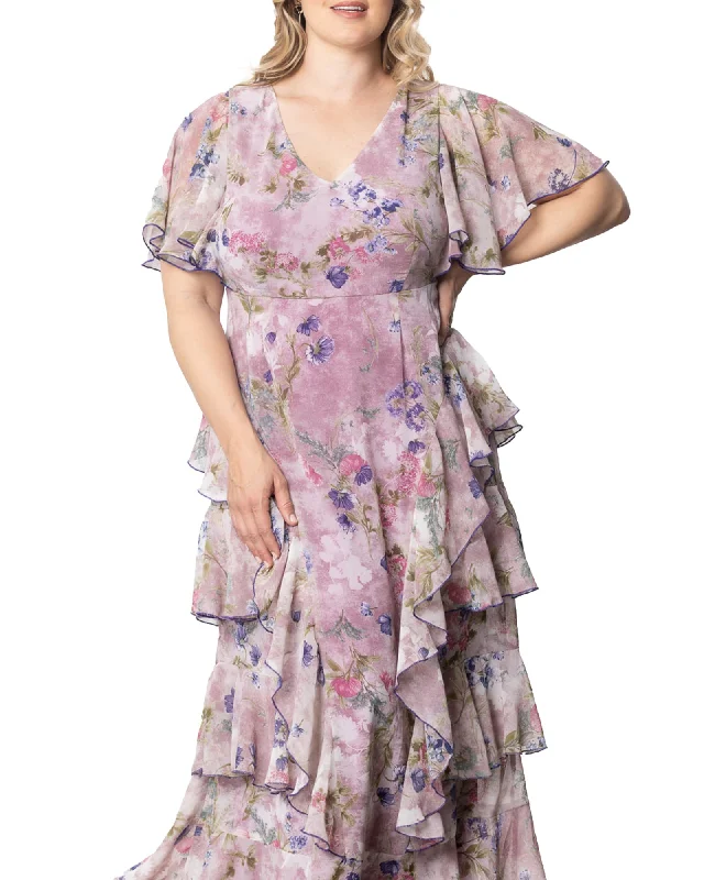 ladies-floral-dress-festival-fawn-Tour de Flounce Chiffon Evening Gown | LILAC FLORAL PRINT