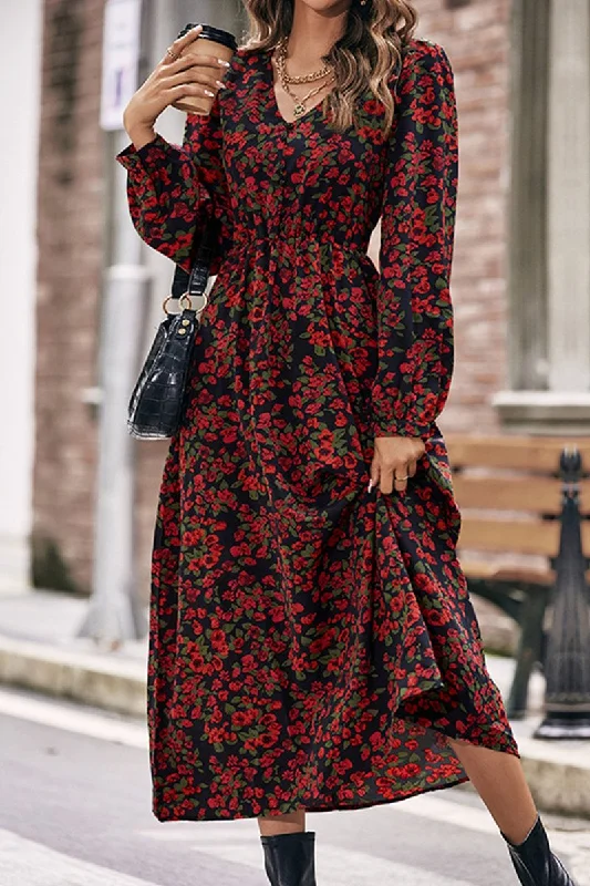 ladies-floral-dress-girls-glow-WOMEN DEEP NECK LONG SLEEVE FLORAL PRINTING DRESS