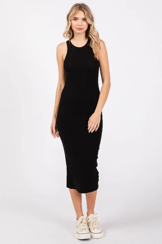 Women's midi dress lower glow -Black Sleeveless Ribbed Fitted Midi Dress