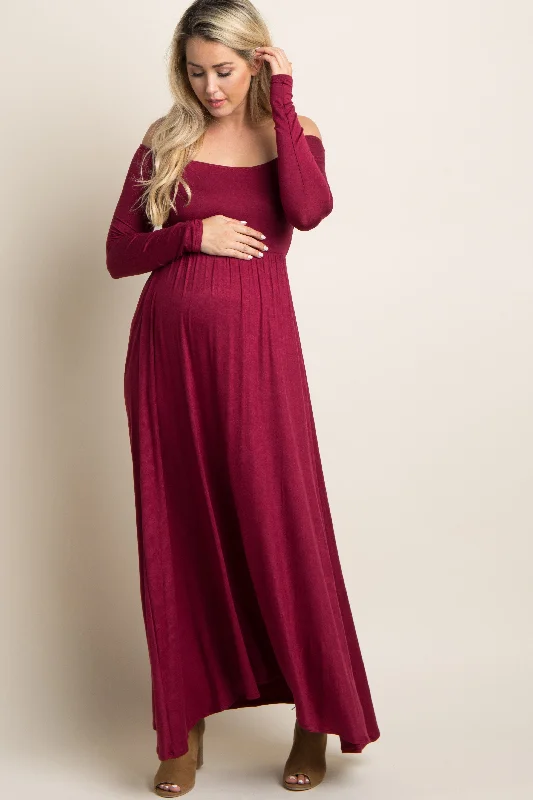 Women's floral dress long flair -PinkBlush Petite Dark Burgundy Solid Off Shoulder Maternity Maxi Dress