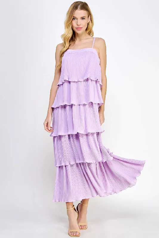 Women's floral dress berry pop -Lilac Pleated Tiered Maxi Dress